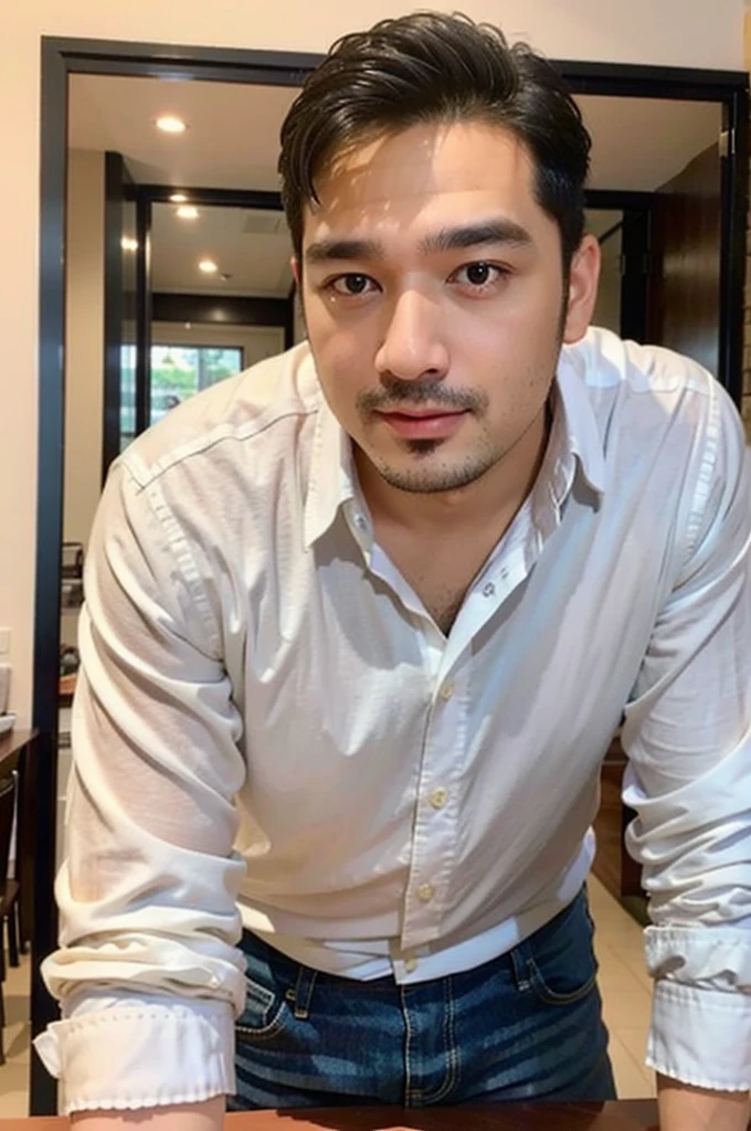 Masterpiece, best quality High resolution, realistic, handsome, beautifully photographed, syahnk SFW, 35 year old portrait. (man: 1.5) Military press, amazing weight, short buzzcut hair, stubby head. , (too much muscle ),look at the viewer,Flirting with the camera,charming (Tight white shirt ),(GS-Masculine:1), 8K  UHD , standing in the dining room,