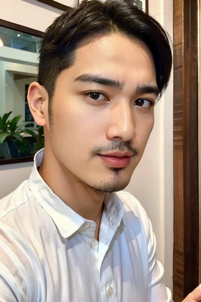Masterpiece, best quality High resolution, realistic, handsome, beautifully photographed, syahnk SFW, 35 year old portrait. (man: 1.5) Military press, amazing weight, short buzzcut hair, stubby head. , (too much muscle ),look at the viewer,Flirting with the camera,charming (Tight white shirt ),(GS-Masculine:1), 8K UHD , standing in the dining room,