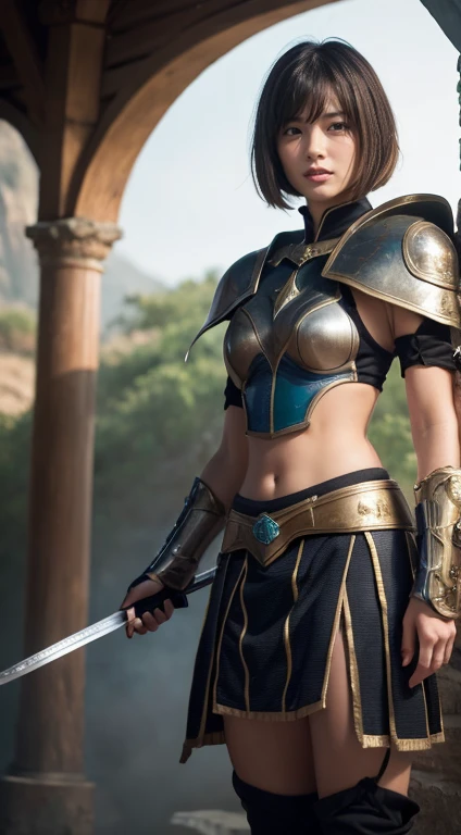 A world of swords and magic，Woman warrior, (Realistic:1.4), (Highest quality:1.0), (Ultra-high resolution:1.0), 8K, RAW Photos, (masterpiece:0.2)，full body , One girl, View your viewers, (Short hair with bangs:1.2), (Purelos Face_v1:0.5)，Facing forward