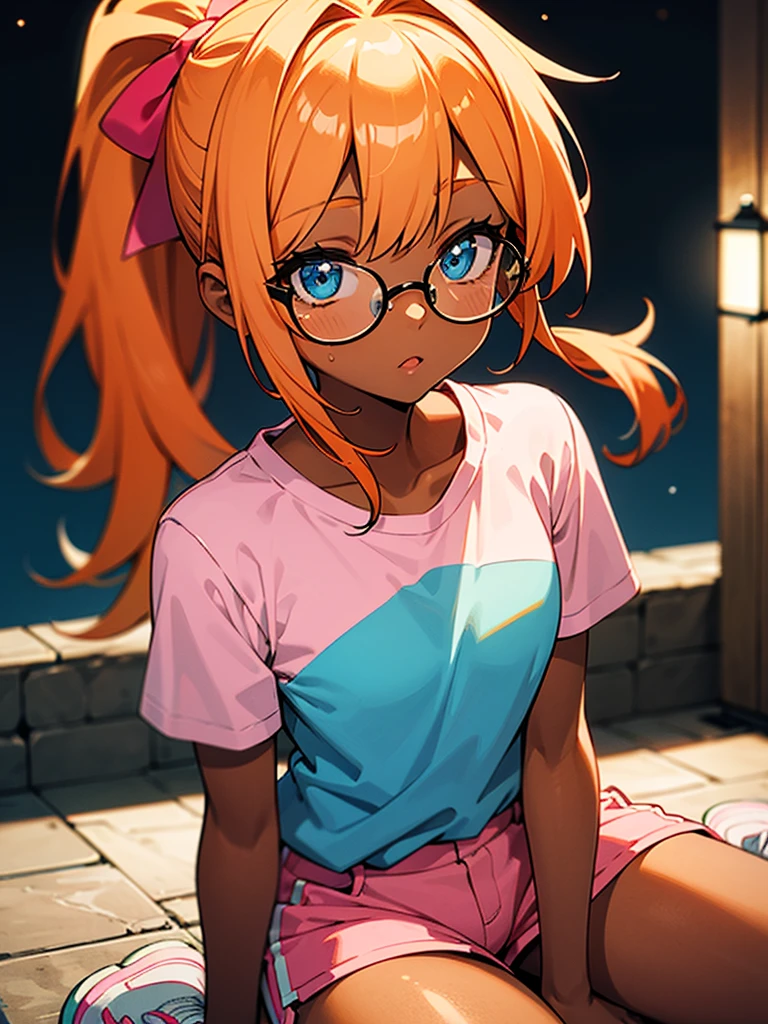 Orange hair, blue eyes, long hair, ponytail, short, pink shirt, pink shorts, Latina, white shoes, outside, night, large chest, bangs, tan skin, tsundere, tan, brown skin, portrait, closeup, small, glasses