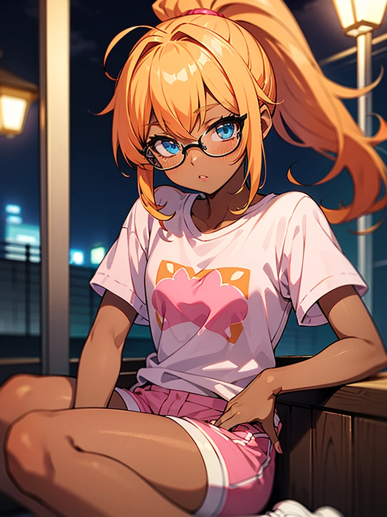 Orange hair, blue eyes, long hair, ponytail, short, pink shirt, pink shorts, Latina, white shoes, outside, night, large chest, bangs, tan skin, tsundere, tan, brown skin, portrait, closeup, small, glasses