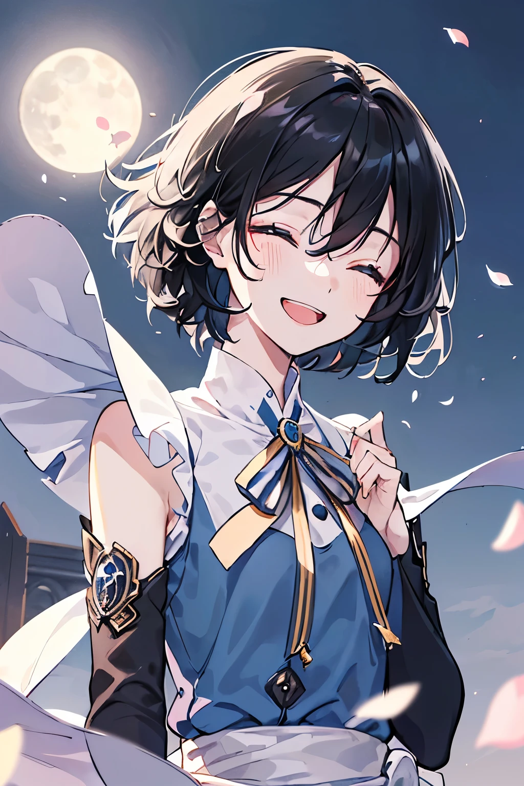 (Mastepiece), (Best Quality), Very detailed, (1 boy),Solo Shooting,Perfect Face, Beautiful Face, Very detailed顔,(Black Hair:1.3),(short hair:1.3)、(Happy Face:1.4),(Close your eyes and laugh:1.3),(Hair blowing in the wind:1.4),It seems like it will disappear,(moonlight:1.3),ephemeral,Petals flutter