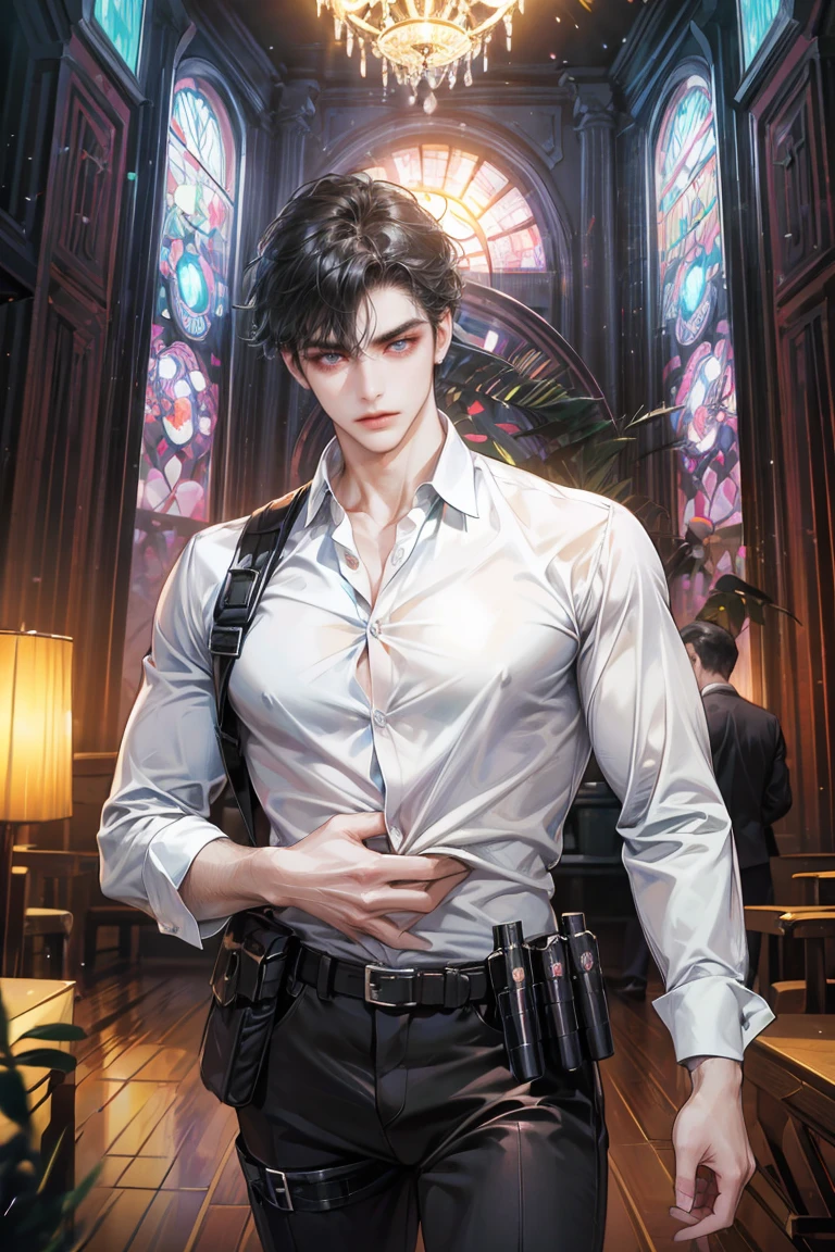 (absurdres, highres, ultra detailed, original character, HDR), 1 russian boy, solo, adult, handsome, ((tall muscular guy, broad shoulders)), finely detailed eyes, (black hair), hair between eyes, turquoise eyes, holographic, futuristic, casual and sexy outfit, gun holster, (body tight white shirt), (large man breasts), ((wearing an earring)), cowboy shot, dutch angle, face focused, british colonial room scenery, dystopian hong kong city, indoor, Cyan, Magenta, long face, closed mouth, looking at viewer, depth of field, bokeh