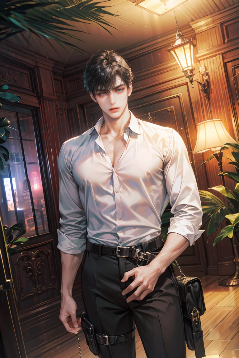 (absurdres, highres, ultra detailed, original character, HDR), 1 russian boy, solo, adult, handsome, ((tall muscular guy, broad shoulders)), finely detailed eyes, (black hair), hair between eyes, turquoise eyes, holographic, futuristic, casual and sexy outfit, gun holster, (body tight white shirt), (large man breasts), ((wearing an earring)), cowboy shot, dutch angle, face focused, british colonial room scenery, dystopian hong kong city, indoor, Cyan, Magenta, long face, closed mouth, looking at viewer, depth of field, bokeh