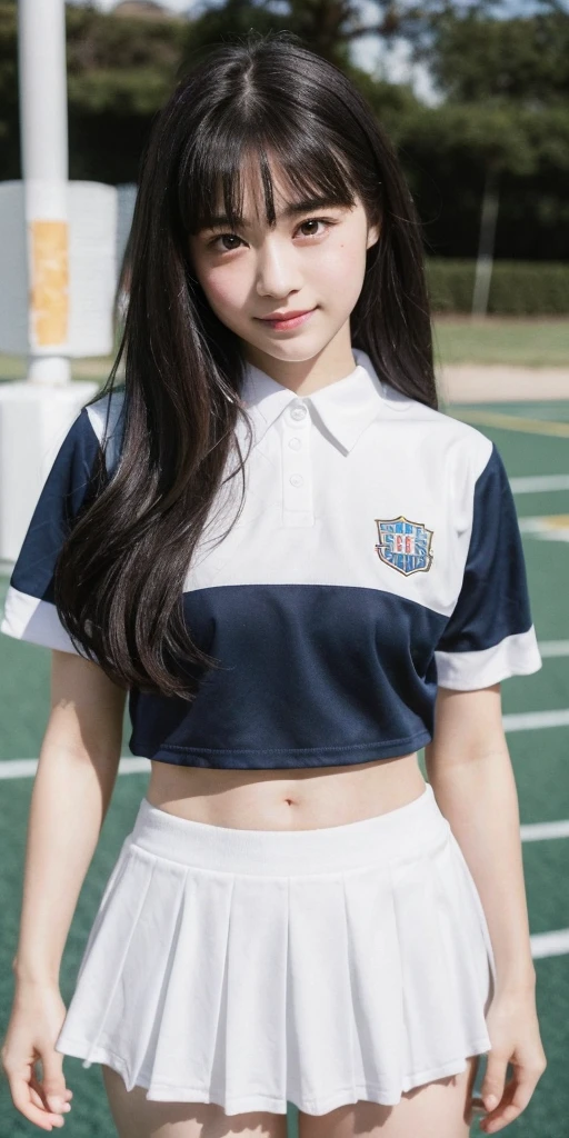 cheerleader,little smile,cheer leading,cheerleader uniform, (((masterpiece))), (((best quality))), ((ultra-detailed)), (illustration), ((an extremely delicate and beautiful)),(bokeh,blurry background),(best shadow), 1girl,white panties, black hair, long hair, kawaii,cute,, shine Highlight Spot on eyes, character focus,head tilt,