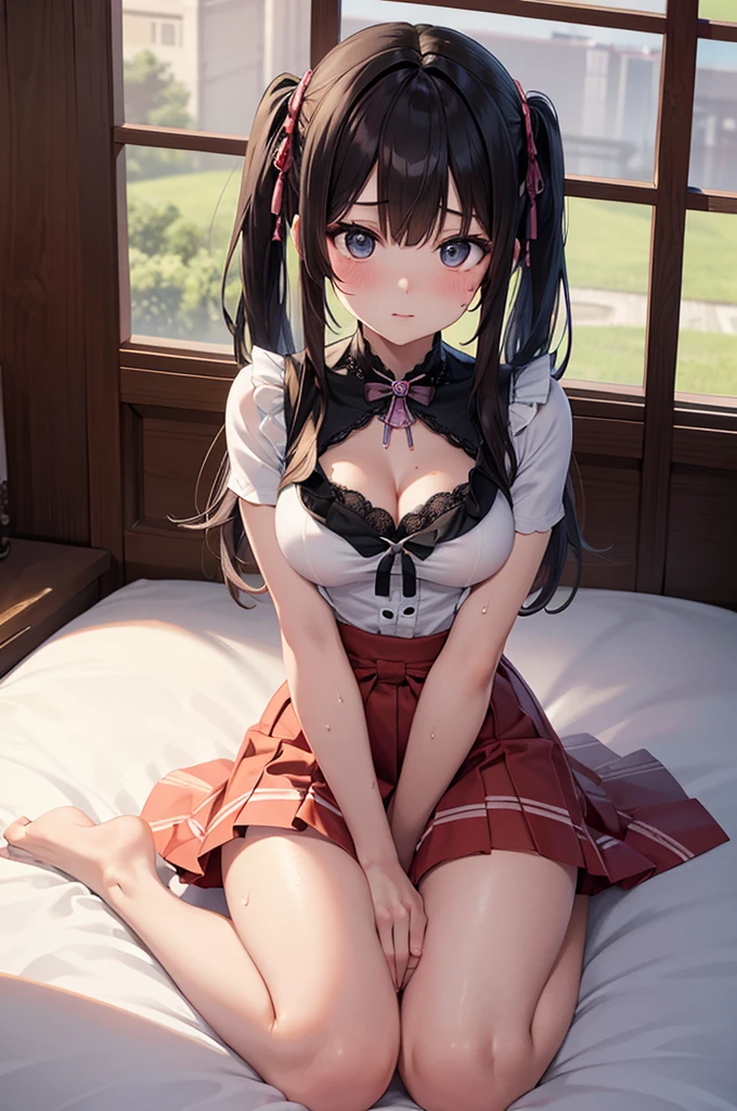 Highest quality, masterpiece, 4K, Highly detailed face, Highly detailed skin, Highly detailed wallpaper, Japanese anime, Second Dimension, Small face, Big Breasts, Normal body, Accurate body, Fine skin, Very beautiful cleavage, NSFW, whole body, One girl, A face that makes you want to have sex, On the bed, Sweaty, Cosplay, , mini skirt, Cowgirl, Angle from below, Roll up your skirt