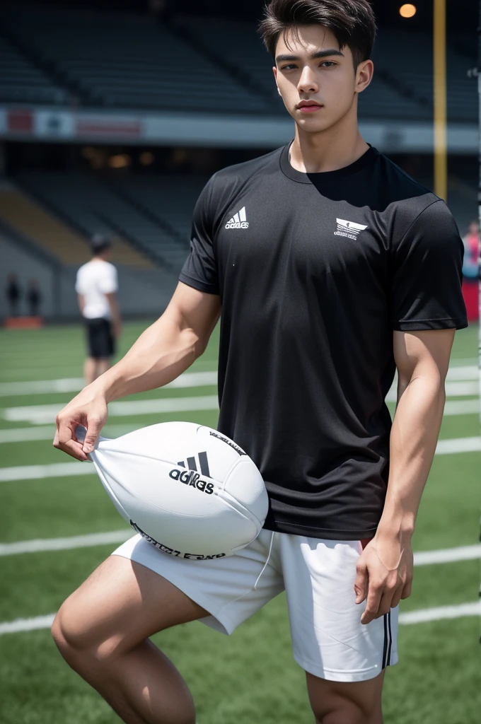 Handsome young man, top half ,Handsome young man 20 years old,Looking at the camera,Wearing a black Adidas t-shirt, standing on the football field.
