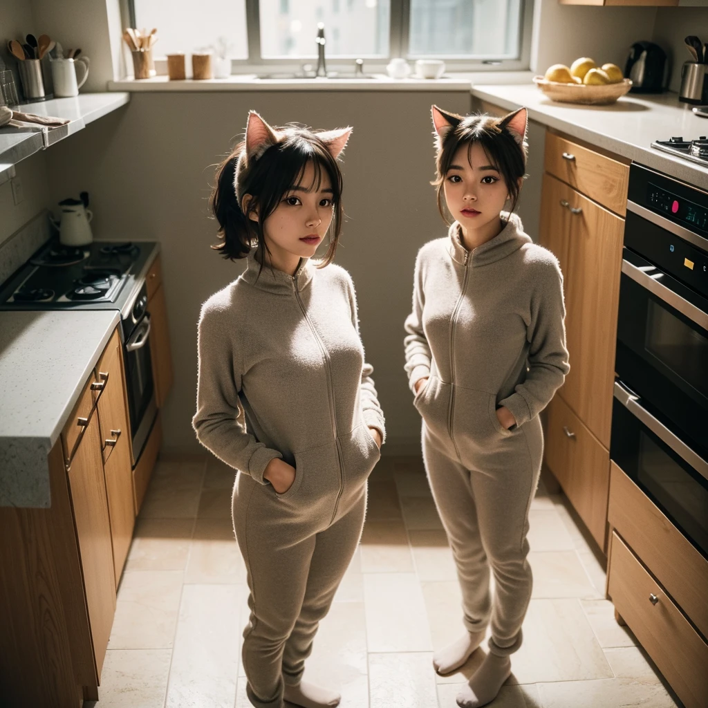 1girl, anncy twinkle's cat fullsuit costume, standing in the kitchen, extremely detailed eyes and face, beautiful detailed lips, longeyelashes, photorealistic, cinematic lighting, warm color palette, soft shadows, intricate details, natural textures, elegant poses, clutter-free minimalist kitchen, soft lighting, realistic and lifelike, 4k, highres, masterpiece