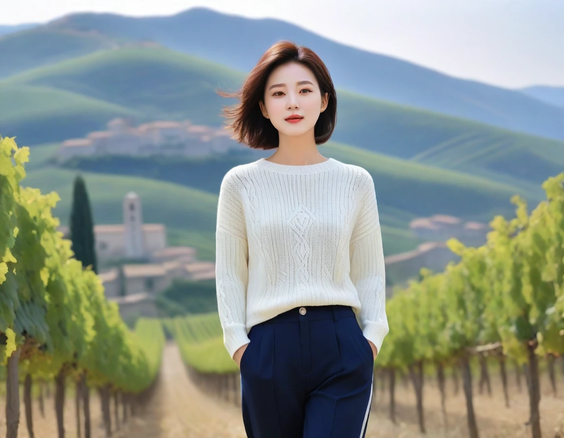 k Best picture quality, Beautiful 36-year-old Korean woman, short and good weather. Chest size 34 inches, Past the vineyards in the Italian countryside, you can see the cathedral on the hill., Back background realistic and vivid image quality, Short and medium hair blowing in the wind, Wearing high-end luxury brand casual jumpers and pants, smile slightly. The background is clear, Short and slim Korean woman, distinct face