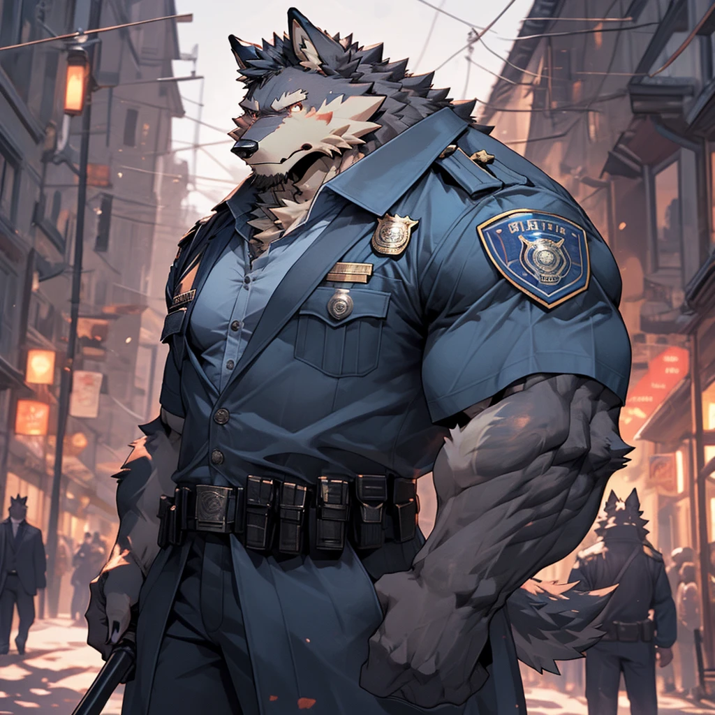 Muscular and strong police officer werewolf in suit. Village road in the background. Strong werewolf with baton. Wolf officer