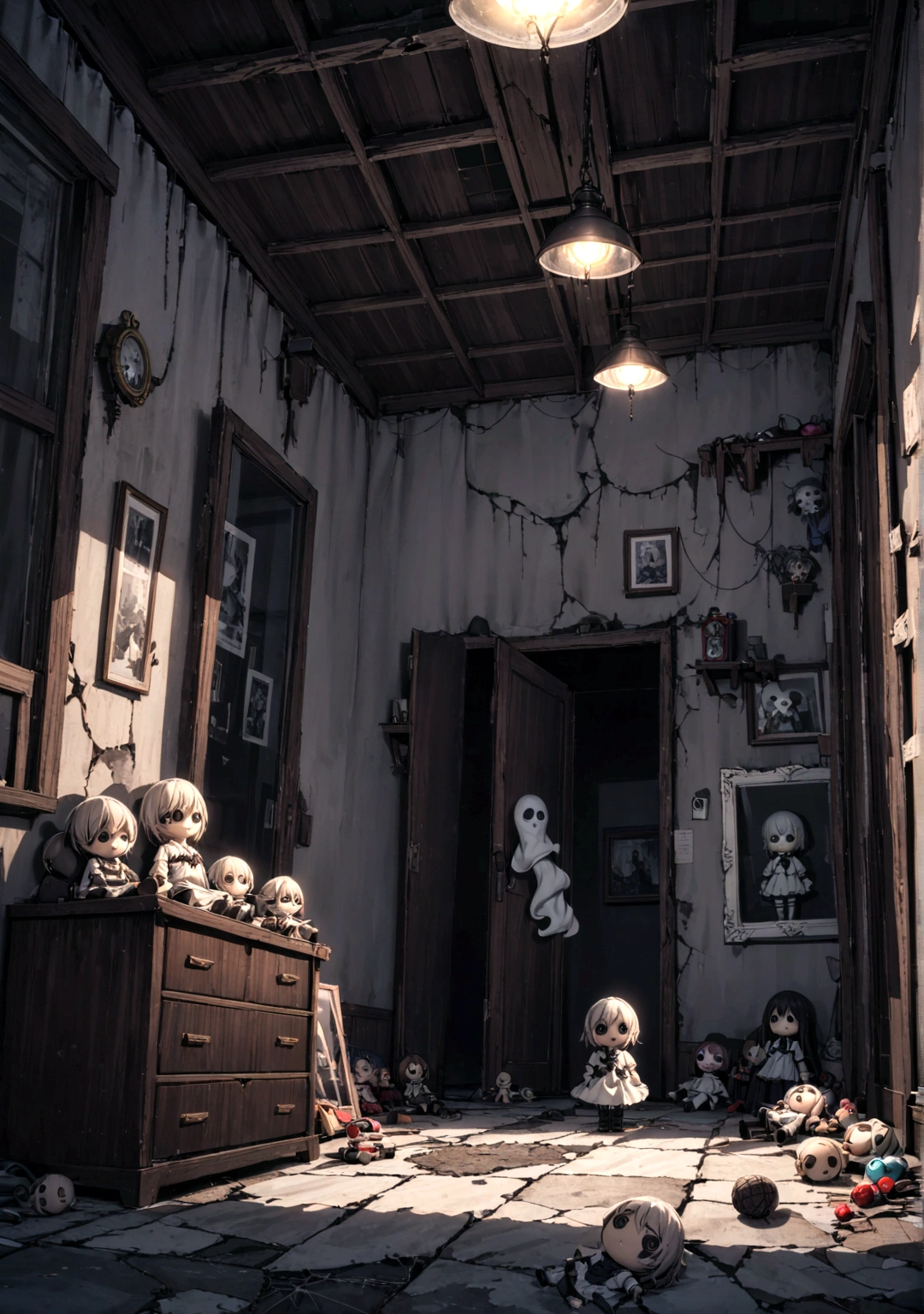 darkroom, ceiling, creepy doll hanging from the ceiling, Weird atmosphere, Dim Lights, Ominous shadow, Haunted atmosphere, vintage decor, Dusty air, Flickering candles, chilling silence, Spooky existence, Cracked walls, Rotting Floor, Tattered curtains, Mysterious atmosphere, Abandoned toys, net, Broken furniture, Ghost Whisper, forgotten secrets, Creepy feeling