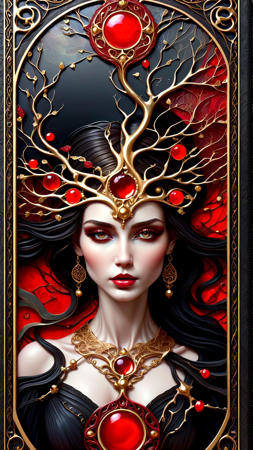 a beautiful portrait of a woman with the tree of life growing from her head in an abstract celtic texture with a tarot style frame, with colors of obsidian black, shiny gold, and ruby red, highly detailed, intricate design, BY Anne Bachelier,