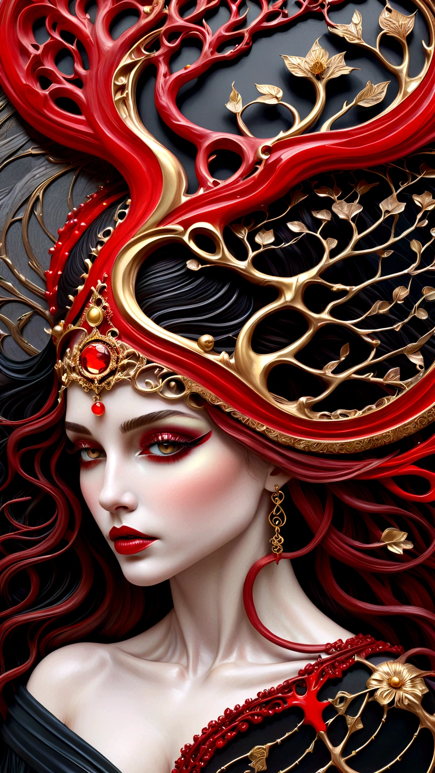 a beautiful portrait of a woman with the tree of life growing from her head in an abstract celtic texture with a tarot style frame, with colors of obsidian black, shiny gold, and ruby red, highly detailed, intricate design, BY Anne Bachelier,