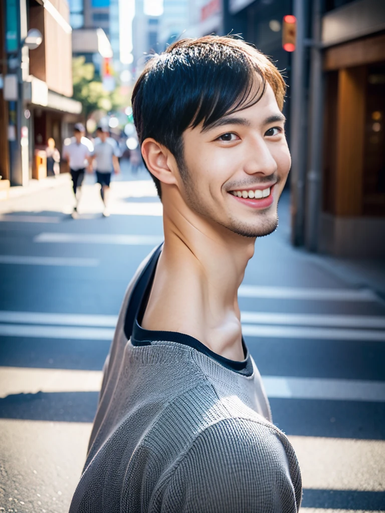 high resolution,4K,Charm、Realistic、Cleanliness、No beard、Japanese、Vibrant urban background,The charming smile of a cool man in his 20s。Define your face from the shoulders up。With confidence and flexibility、It has an eye-catching appeal。
