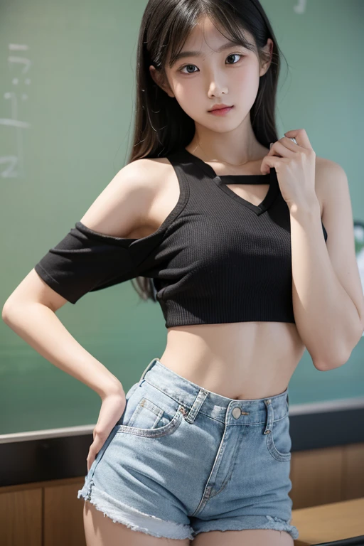 Wear crop tops，Big  elementary school student in shorts，Hands over chest