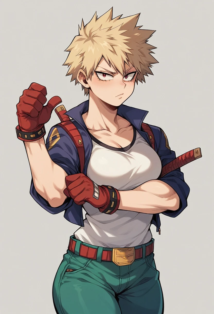 A woman with red hair and green eyes. and has light freckles *manhua* *boku no hero academia*
katsuki Bakugo blonde and red eyed