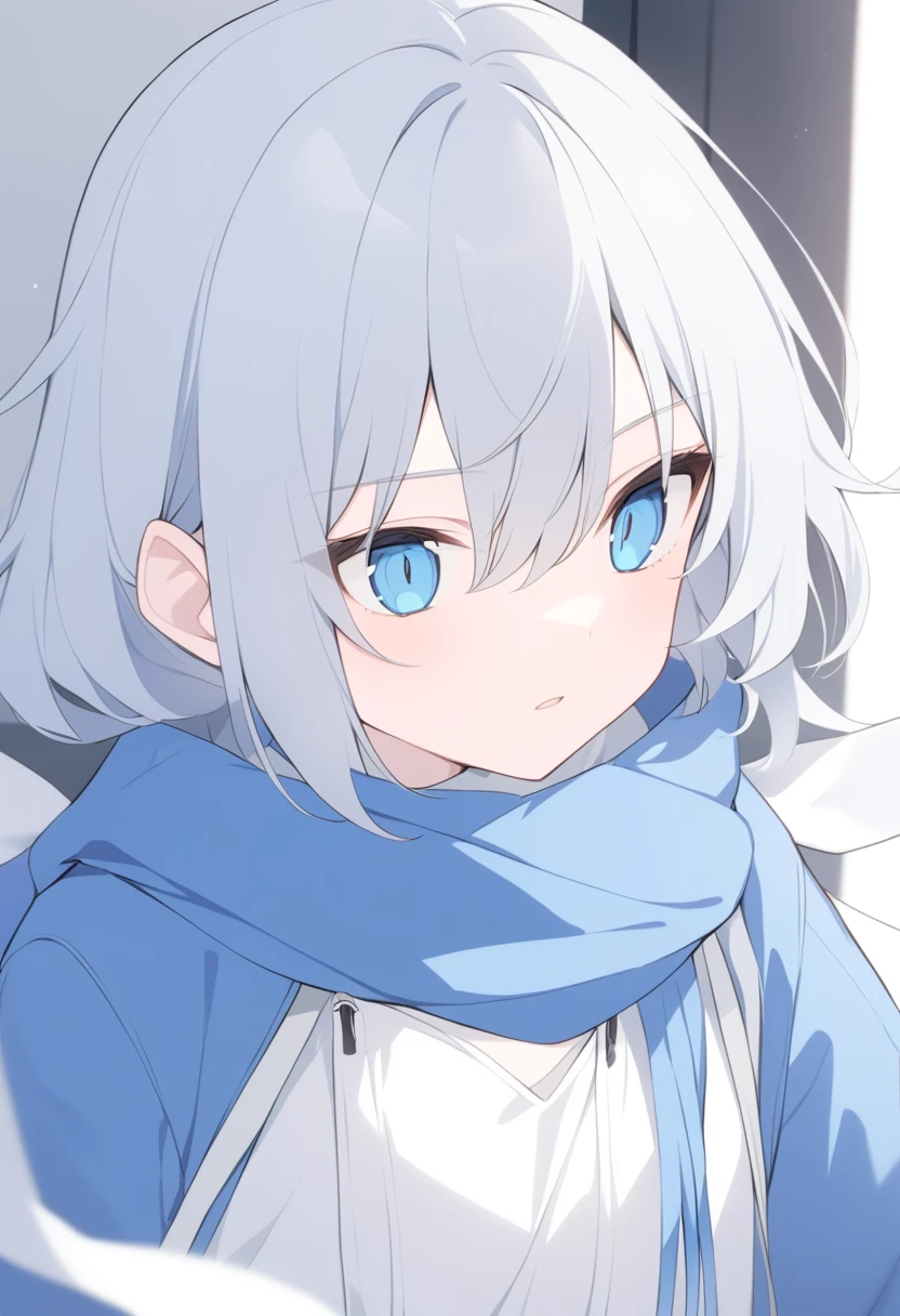 blue eyes，Blue scarf，White，WhiteT恤，Blue jacket，hood，银White头发，Gray ear