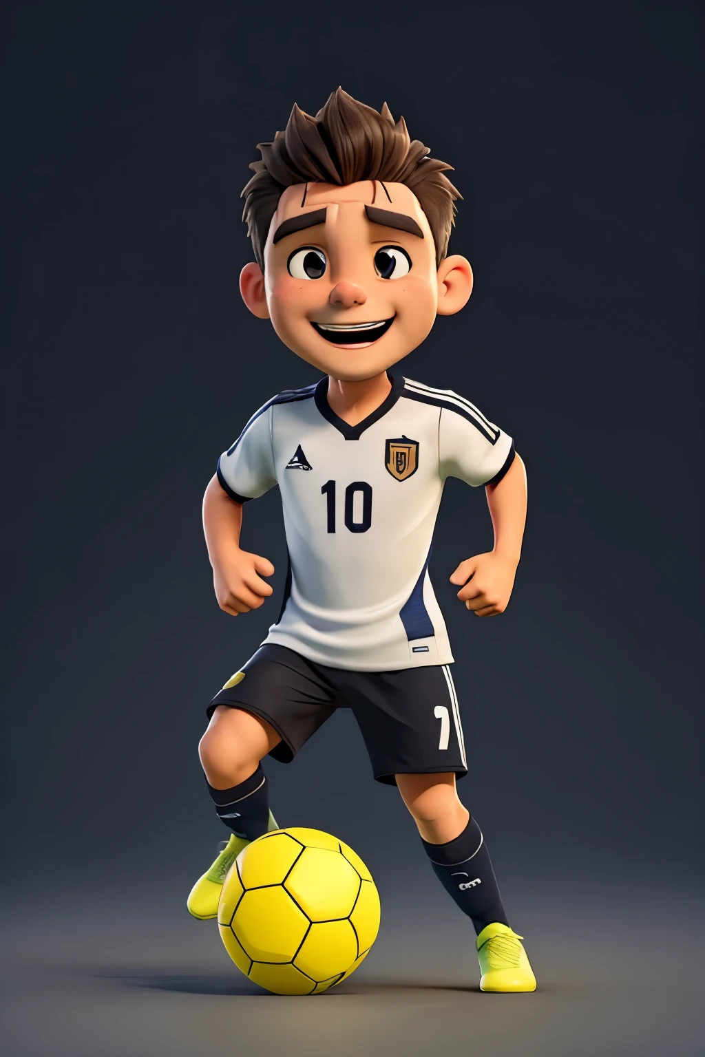 excited expression, mature male soccer athlete is playing soccer ball, dynamic pose, detailed sport clothing, black short hair, cinematic lighting, simple background, masterpiece, best quality