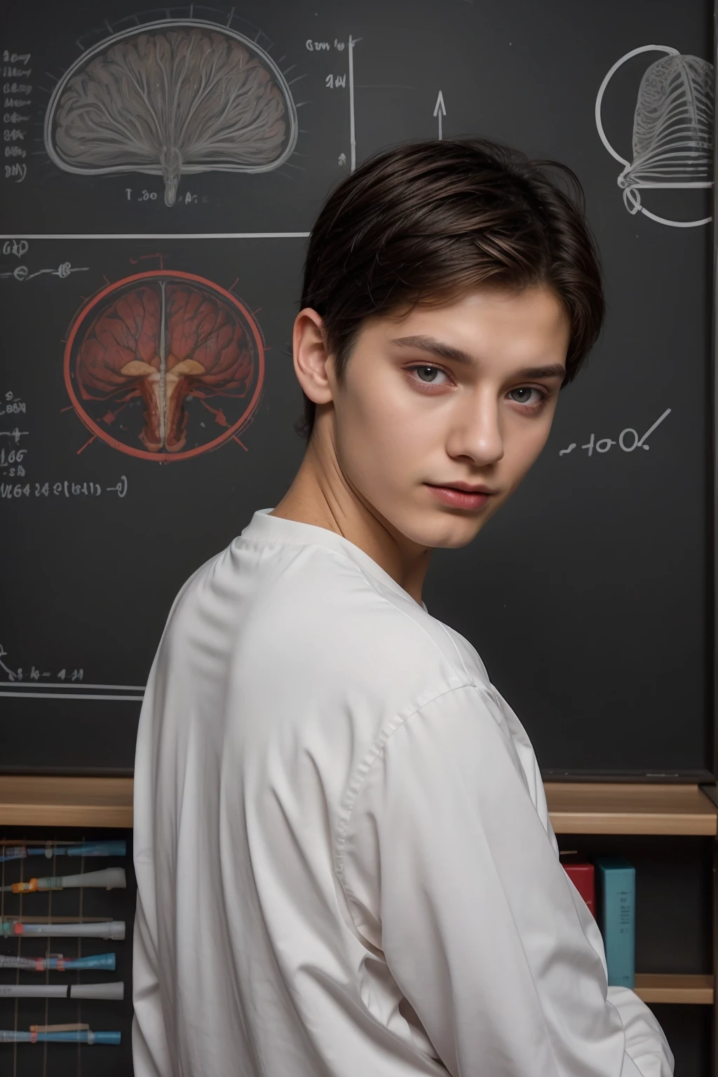 Beautiful young twink with a face with red makeup. He has black hair. He is wearing a white long-sleeved shirt and aqua blue pants. He is in his scientific office, and behind him is a blackboard on which the shape of the brain and its anatomy are written in precision and detail. He looks proudly