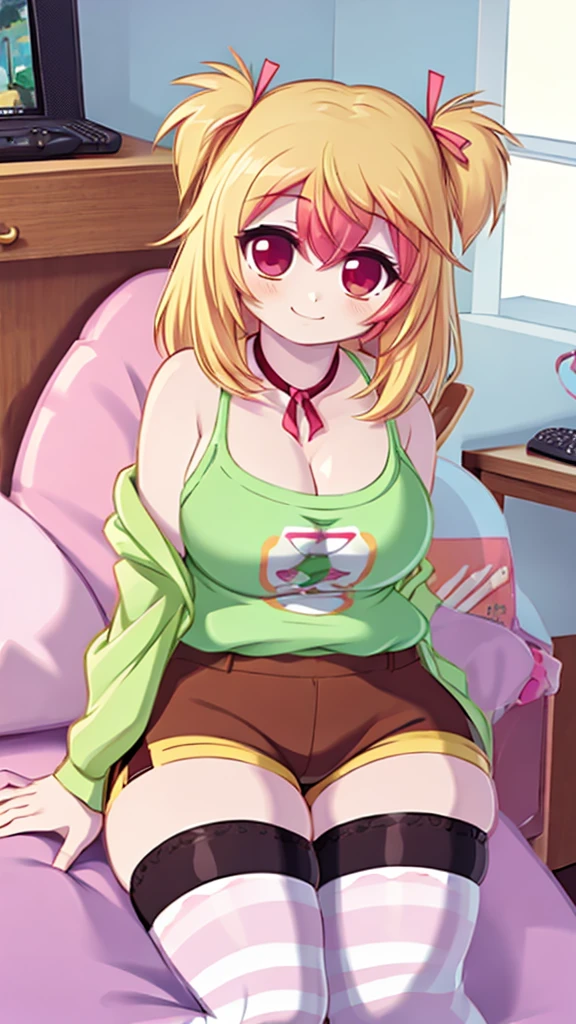 mio, 1girl, solo, breasts, blonde hair, multicolored hair, red eyes,large breasts, cleavage, shorts, long hair, thighhighs, brown shorts, camisole, shirt, smile, ribbon, indoors, bedroom, gaming_chair, chubby