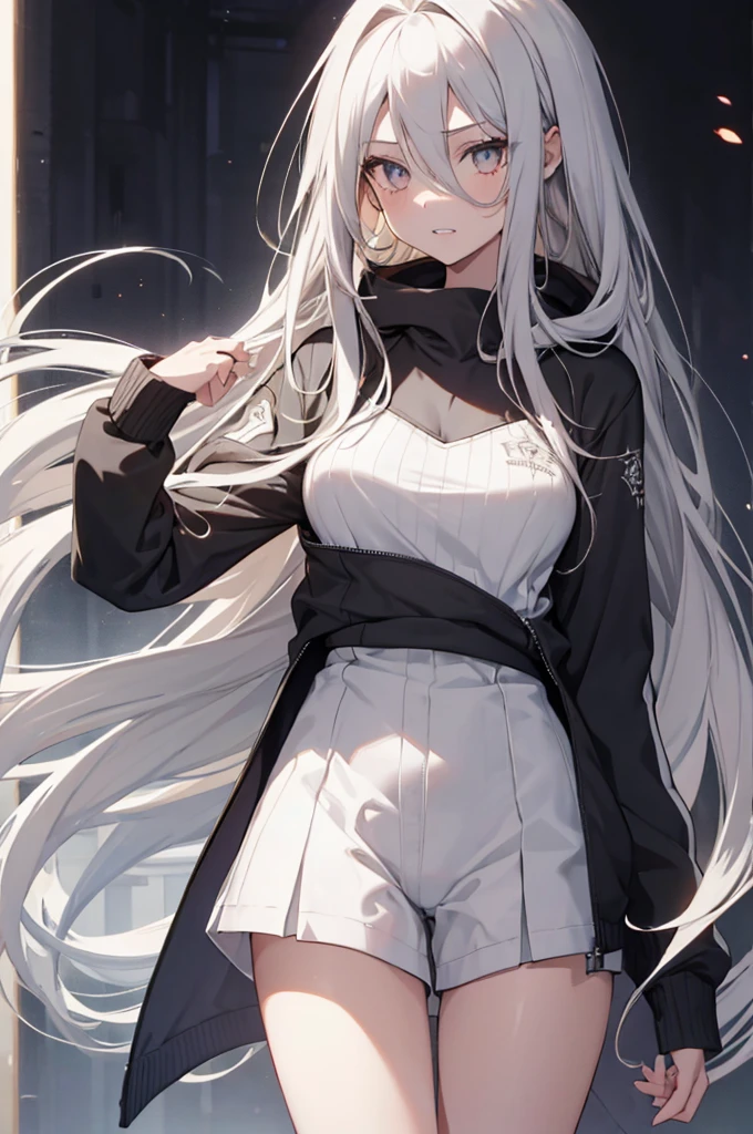 1girl, {Solitary}, Upper Body ,{{ {Watching at viewer}}}, Arms at your sides, Concept Art, white Background, simple Background, White hair, Silver gradient hair , Composite cloth, Asymmetrical clothes, Virtual YouTuber, best quality, masterpiece, Dynamic Angle, , cowboy_shooting, Watching_Back, grab, girl,Miss,woman, young,20 years old, Very long hair, Hair Flip, Silver Hair, Flowing hair, Ahog, giggle, Beautiful and delicate golden eyes, teeth, Large Breasts, Blonde eyes, White skin, hoodie, Black_shorts, Gray clothes, transparent_Background, Backlighting, absurd, high resolution, Extremely detailed,sweater,No pants
