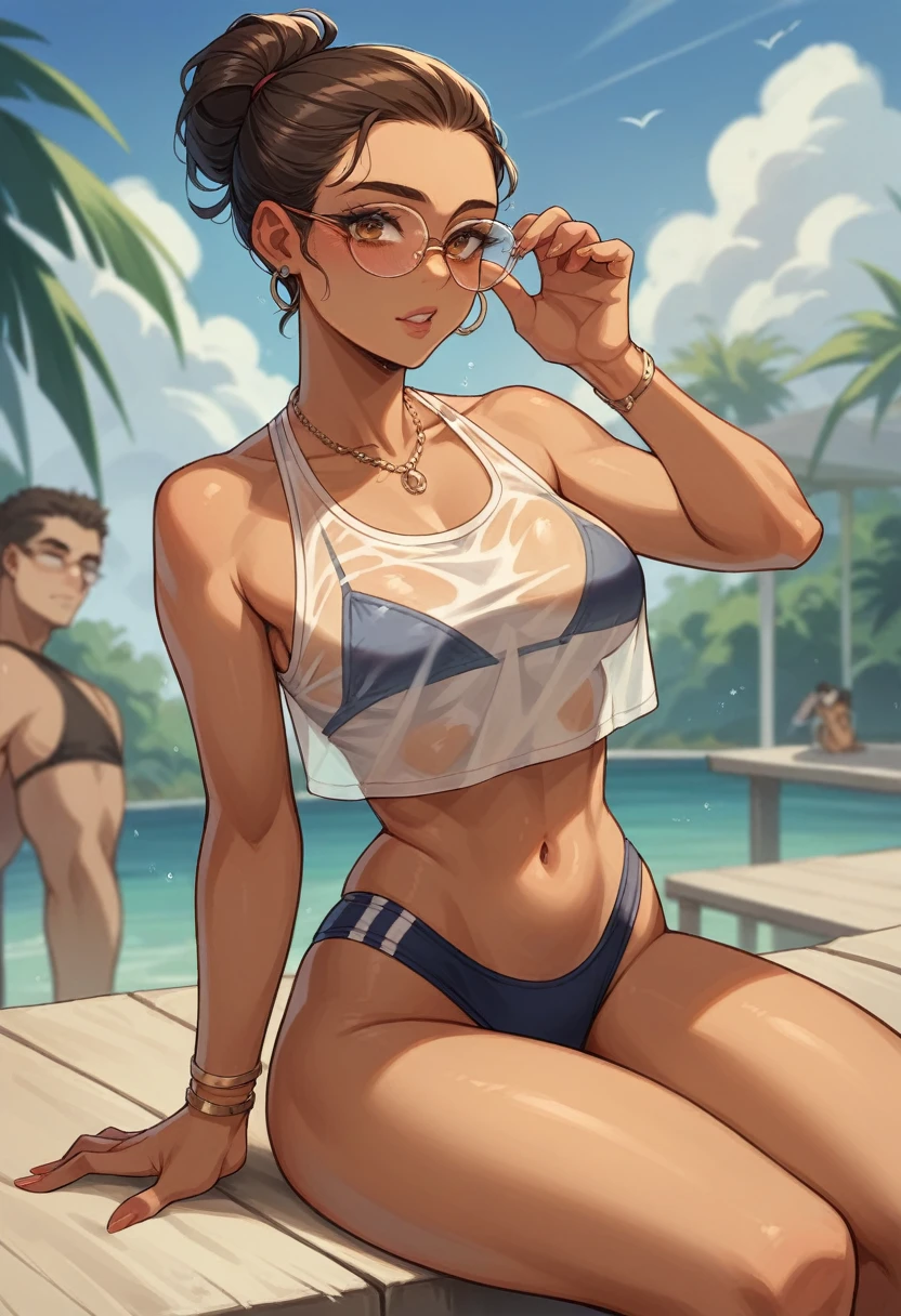 Latina woman 25 years old , un swimwear in her room with transparent glasses