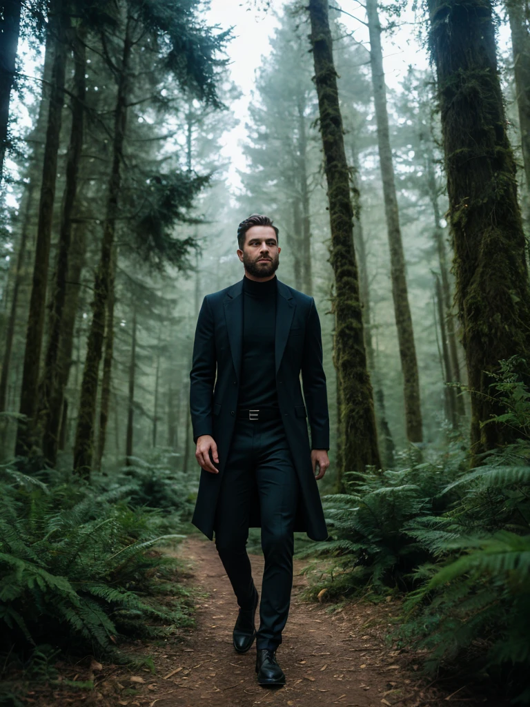a dressed man attracted by darkness in a forest