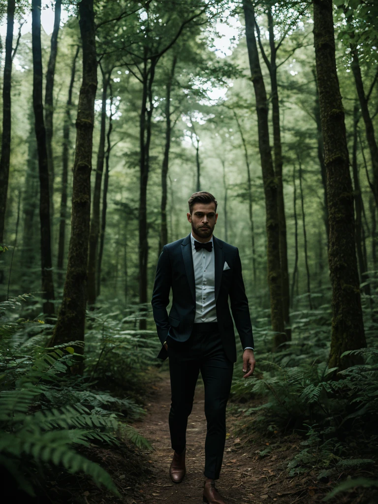 a dressed man attracted by darkness in a forest