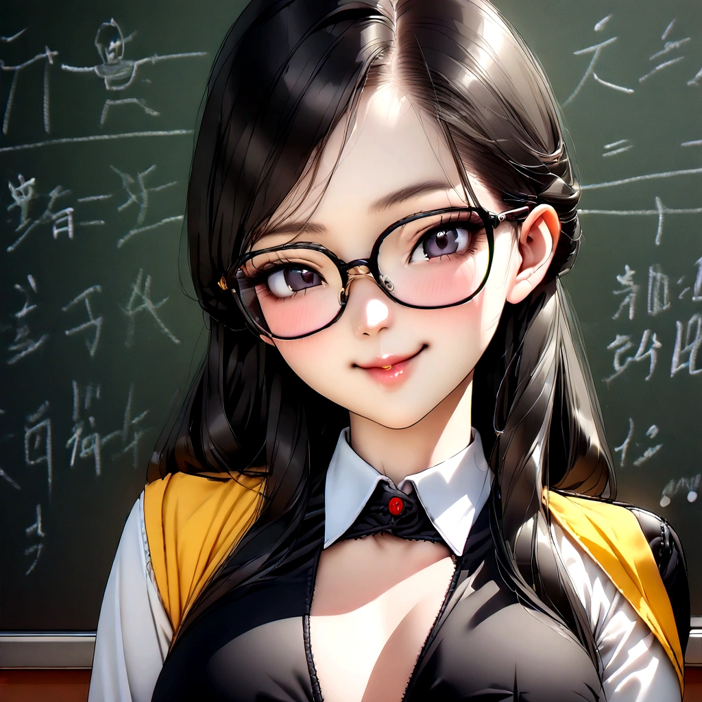 A lovely vietnamese woman (age 25, glasses, cute face, black eyes, black hair shoulder length, slutty teachers outfit no underwear), in front of chalkboard
