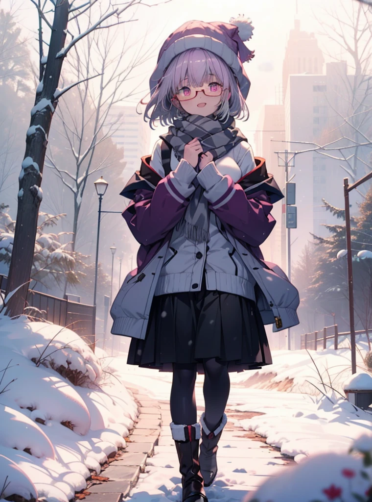 akaneshinjou, shinjou akane, Light purple hair, (Pink Eyes:1.2), short hair,Akagi Glasses,hair band,,White Breath,Big Breasts,Purple coat,White sweater,happy smile, smile, Open your mouth,Black long skirt,Grey pantyhose,Red scarf,short boots,Knitted hat,Daytime,cloudy,snow,snowが降り積もっている,whole bodyがイラストに入るように,Looking down from above,
break looking at viewer,whole body, break outdoors 森, nature, break (masterpiece:1.2), Highest quality, High resolution, unity 8k wallpaper, (shape:0.8), (Beautiful and beautiful eyes:1.6), Highly detailed face, Perfect lighting, Highly detailed CG, (Perfect hands, Perfect Anatomy),