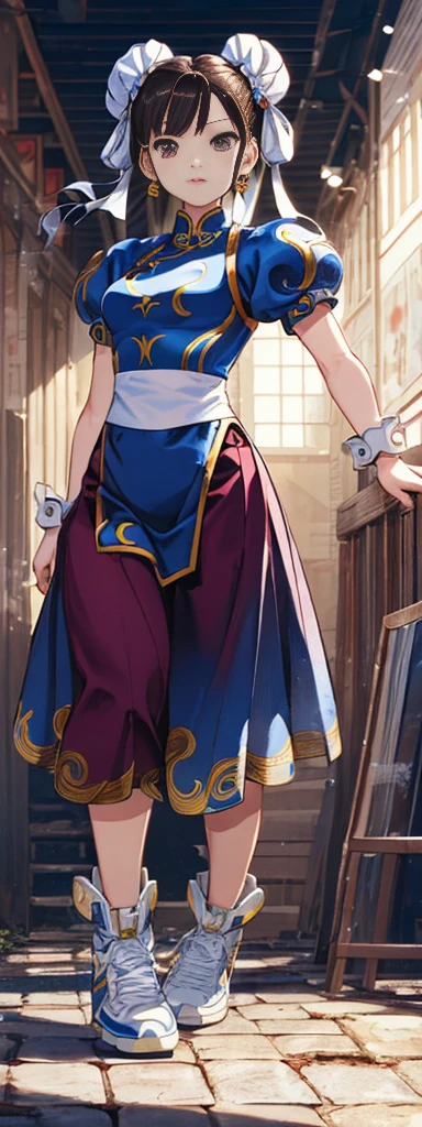chun-li,((masterpiece)), ((best quality)), ((ultra detailed)), ((kawaii)), cute, (lovely), ((extremely detailed)), ((8K)), (beautiful),flat breast, tiny breast,full body