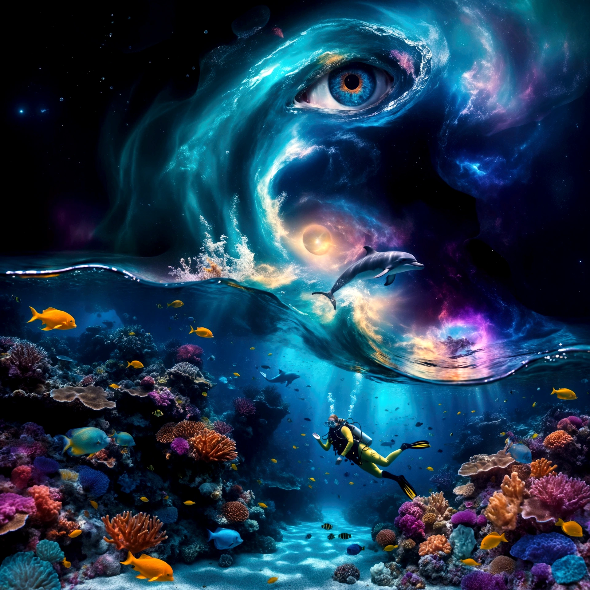 Create an endless ocean at night. Foreground: A huge luminescent barrier reef with glowing fishes and jellyfishes. floating bioluminescent orbs that drift lazily through the water, casting a soft glow.(( A diver goes scuba diving , wearing a detailed whimsical outfit . The bodice has fish scale patterns in layers, creating depth with a smooth, slightly metallic surface that reflects light in iridescent hues of orange and gold)). Add subtle, translucent silhouettes of mythical sea creatures in the background, barely visible but adding to the mystical feel. Midground: A dolphin jumping out of a wave, illuminated by moonlight filtering through the water. Background: A sky dominated by a massive cosmic eye, surrounded by swirling galactic patterns and luminous stars. Spiraling waves that seamlessly blend into the cosmic sky. a gentle, otherworldly melody that seems to resonate from the cosmic eye, creating an auditory illusion in the viewer's mind. Dominant tones of blue, turquoise, and violet. Accents of yellow and orange from the tropical fish. Composition: The scene should guide the viewer’s gaze from the detailed coral reefs and marine life in the foreground, to the dolphin in the midground, and finally to the cosmic eye and swirling waves in the background. Use lines and patterns to naturally direct the viewer’s attention upwards. Envelop the entire scene in a soft, shimmering haze that adds to the ethereal quality. Atmosphere: Evoke a mystical and dreamlike atmosphere, blurring the boundaries between reality and imagination. Create a sense of depth and dimension with sharp details in the foreground and midground, and a slightly softer focus on the cosmic elements in the background. A peaceful atmosphere, absolutely astonishing and beautiful landscape with very saturated colors, glowing. Four-dimensional, the best quality, photoréaliste, éclairage cinématographique,