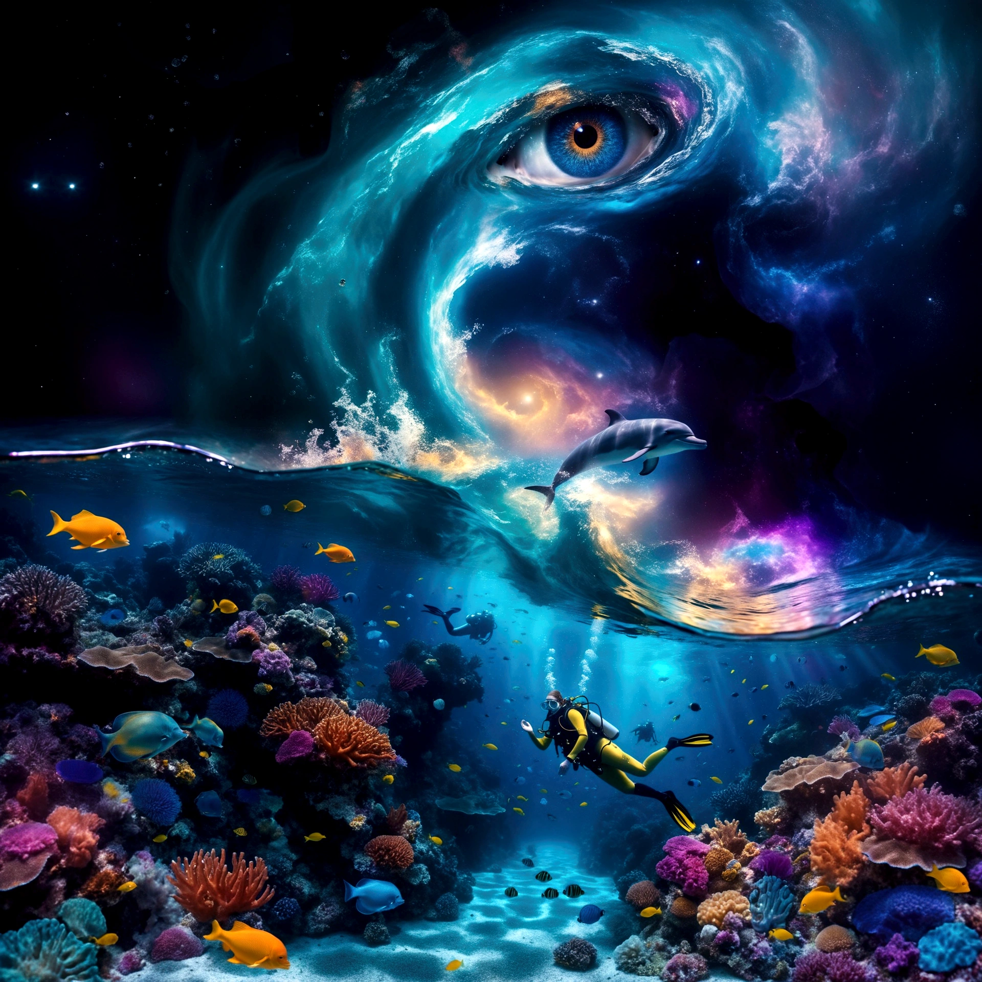 Create an endless ocean at night. Foreground: A huge luminescent barrier reef with glowing fishes and jellyfishes. floating bioluminescent orbs that drift lazily through the water, casting a soft glow.(( A diver goes scuba diving , wearing a detailed whimsical outfit . The bodice has fish scale patterns in layers, creating depth with a smooth, slightly metallic surface that reflects light in iridescent hues of orange and gold)). Add subtle, translucent silhouettes of mythical sea creatures in the background, barely visible but adding to the mystical feel. Midground: A dolphin jumping out of a wave, illuminated by moonlight filtering through the water. Background: A sky dominated by a massive cosmic eye, surrounded by swirling galactic patterns and luminous stars. Spiraling waves that seamlessly blend into the cosmic sky. a gentle, otherworldly melody that seems to resonate from the cosmic eye, creating an auditory illusion in the viewer's mind. Dominant tones of blue, turquoise, and violet. Accents of yellow and orange from the tropical fish. Composition: The scene should guide the viewer’s gaze from the detailed coral reefs and marine life in the foreground, to the dolphin in the midground, and finally to the cosmic eye and swirling waves in the background. Use lines and patterns to naturally direct the viewer’s attention upwards. Envelop the entire scene in a soft, shimmering haze that adds to the ethereal quality. Atmosphere: Evoke a mystical and dreamlike atmosphere, blurring the boundaries between reality and imagination. Create a sense of depth and dimension with sharp details in the foreground and midground, and a slightly softer focus on the cosmic elements in the background. A peaceful atmosphere, absolutely astonishing and beautiful landscape with very saturated colors, glowing. Four-dimensional, the best quality, photoréaliste, éclairage cinématographique,