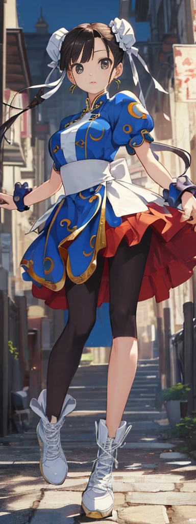chun-li,((masterpiece)), ((best quality)), ((ultra detailed)), ((kawaii)), cute, (lovely), ((extremely detailed)), ((8K)), (beautiful),flat breast, tiny breast,full body