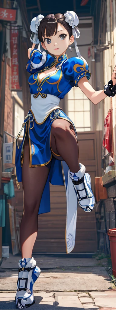 chun-li,((masterpiece)), ((best quality)), ((ultra detailed)), ((kawaii)), cute, (lovely), ((extremely detailed)), ((8K)), (beautiful),flat breast, tiny breast,full body