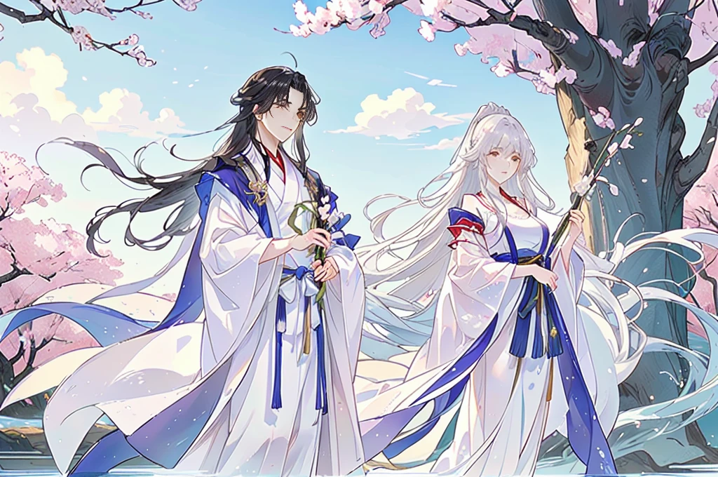 Anime couple in traditional costumes standing in front of cherry blossom trees, flowing white robe, White Hanfu, Long flowing hair and robes, Wearing a white robe!, palace ， Girl wearing Hanfu, Wing Wall and Shurak, Gu Weiss, cotton cloud mage robes, Hanfu, Wearing Chinese clothes, Wearing a flowing robe, Dressed in a white robe