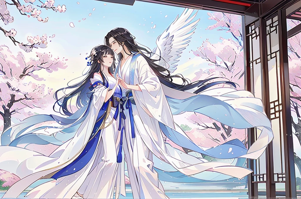 Anime couple in traditional costumes standing in front of cherry blossom trees, flowing white robe, White Hanfu, Long flowing hair and robes, Wearing a white robe!, palace ， Girl wearing Hanfu, Wing Wall and Shurak, Gu Weiss, cotton cloud mage robes, Hanfu, Wearing Chinese clothes, Wearing a flowing robe, Dressed in a white robe