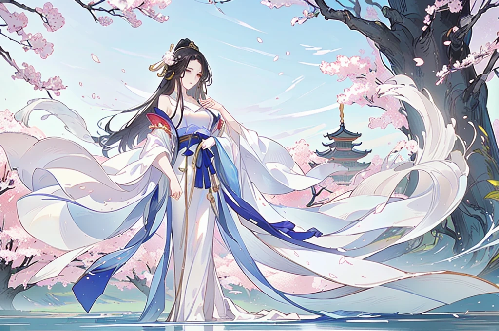 Anime couple in traditional costumes standing in front of cherry blossom trees, flowing white robe, White Hanfu, Long flowing hair and robes, Wearing a white robe!, palace ， Girl wearing Hanfu, Wing Wall and Shurak, Gu Weiss, cotton cloud mage robes, Hanfu, Wearing Chinese clothes, Wearing a flowing robe, Dressed in a white robe