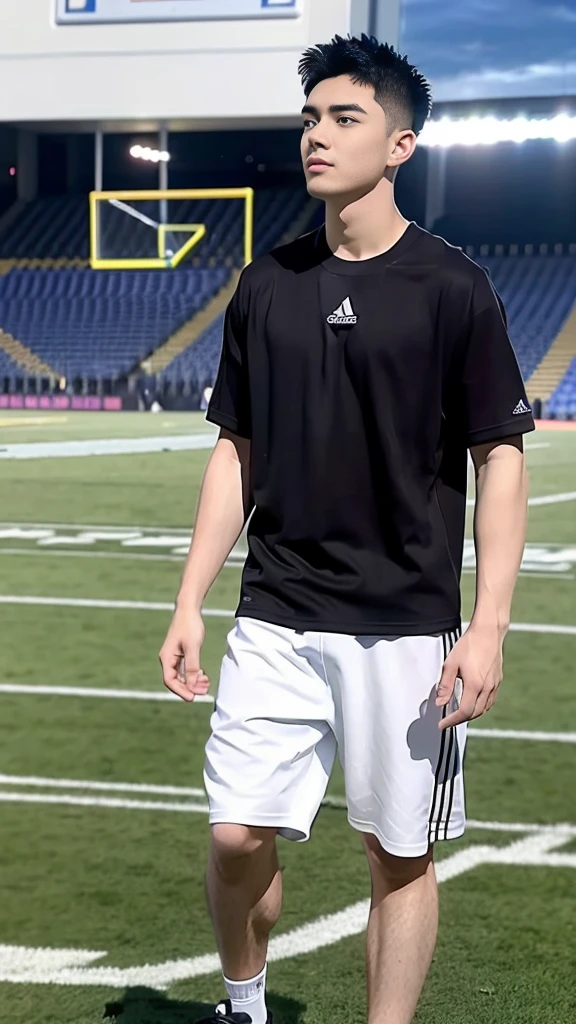 Handsome young man. Handsome young man, 20 years old.,Looking at the camera,Wearing a black Adidas t-shirt, standing on the football field.