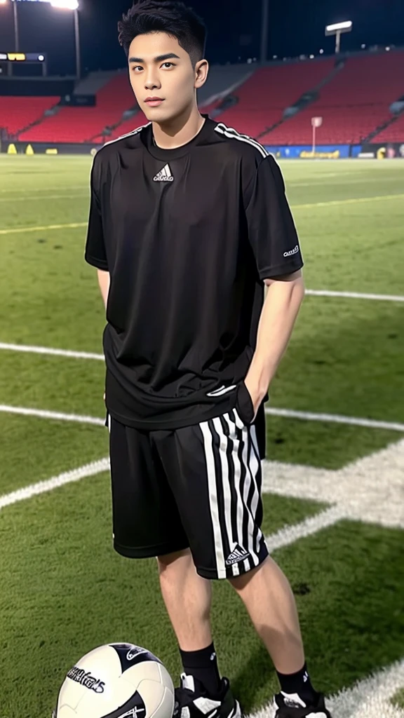 Handsome young man. Handsome young man, 20 years old.,Looking at the camera,Wearing a black Adidas t-shirt, standing on the football field.