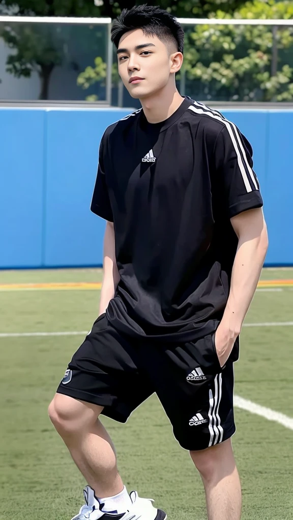 Handsome young man. Handsome young man, 20 years old.,Looking at the camera,Wearing a black Adidas t-shirt, standing on the football field.