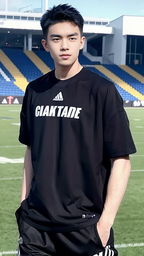 Handsome young man. Handsome young man, 20 years old.,Looking at the camera,Wearing a black Adidas t-shirt, standing on the football field.