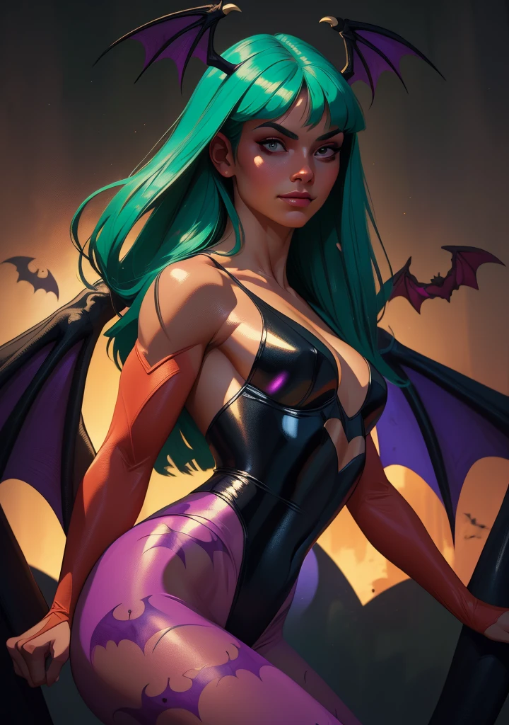 Realistic oil paint portrait of Morrigan Aensland, moonlight, hot Body, ((Dynamic pose)) , soft smile, long green hair black costume , (((Bat wings))) , Hot body, athletic, (purple legs) , detailed skin Textures, intricate, detailed face, hyperrealistic, realistic light and shadows , ((cinematic lighting)) . (((Poetic lighting background))) .