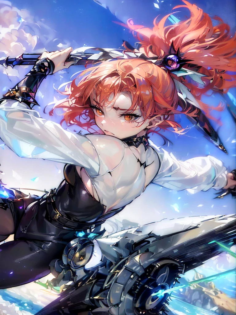 (Highest quality)),(超High resolution),(ultra detailed),(Careful image),((the most beautiful works of art),Ultra-precise art,The art of striking images, Fantasy art:1.5, (female angel with a spear:1.7),Beautiful and well-groomed face:1.5,angry face:1.3,(toned body:1.6),(Spear a demon, hiding at the bottom of the screen..:1.6), blush on the face, attractive look