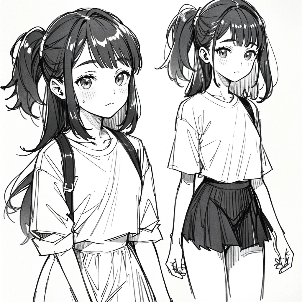 One Girl,Line art,Monochrome,sketch,Pencil drawing,Traditional Media,One Girl, skirt,Cute Girls, ,Beautiful portrait、Delicate body、Black Hair、Black Hair,landscape,Black and White