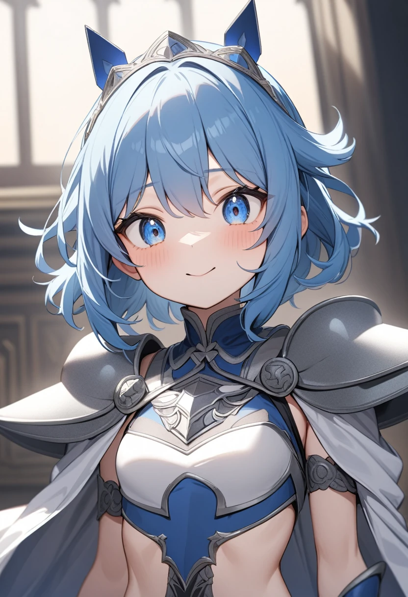 (masterpiece, top quality, very aesthetic, super detailed), intricate detail, 1girl,stand、upper body:1.3、
kind eyes、tareme:1.4,Hollow Eyes:1.3、Cute Face、blue hair:1.5、middle hair,sidelock :1.4,,blue eyes:1.2、clear face、solo、chromium,small breasts,waist-cape armor Leg guard、armored dress、Princess Knight、Slim Body