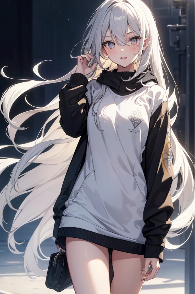 1girl, {Solitary}, Upper Body ,{{ {Watching at viewer}}}, Arms at your sides, Concept Art, white Background, simple Background, White hair, Silver gradient hair , Composite cloth, Asymmetrical clothes, Virtual YouTuber, best quality, masterpiece, Dynamic Angle, , cowboy_shooting, Watching_Back, grab, girl,Miss,woman, young,20 years old, Very long hair, Hair Flip, Silver Hair, Flowing hair, Ahog, giggle, Beautiful and delicate golden eyes, teeth, Large Breasts, Blonde eyes, White skin, hoodie, Black_shorts, Gray clothes, transparent_Background, Backlighting, absurd, high resolution, Extremely detailed,sweater,No pants