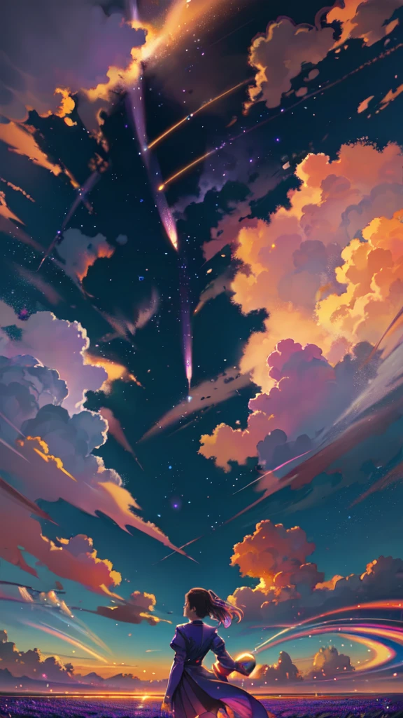 expansive landscape photograph , (a view from below that shows sky above and open field below), a girl standing on flower field looking up, bright sunny day (clouds:1.2), distant mountain, tree BREAK
production art, lot of purple and orange, intricate details, volumetric lighting, realism BREAK
(masterpiece:1.2), detailed shadows, (best quality), 4k, ultra-detailed, (dynamic composition:1.4), highly detailed, colorful details,( iridescent colors:1.2), (glowing lighting, atmospheric lighting), dreamy, magical, (solo:1.2)