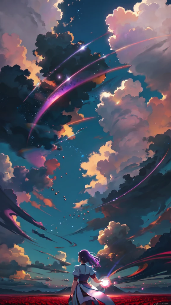 expansive landscape photograph , (a view from below that shows sky above and open field below), a girl standing on flower field looking up, bright sunny day (clouds:1.2), distant mountain, tree BREAK
production art, lot of purple and orange, intricate details, volumetric lighting, realism BREAK
(masterpiece:1.2), detailed shadows, (best quality), 4k, ultra-detailed, (dynamic composition:1.4), highly detailed, colorful details,( iridescent colors:1.2), (glowing lighting, atmospheric lighting), dreamy, magical, (solo:1.2)