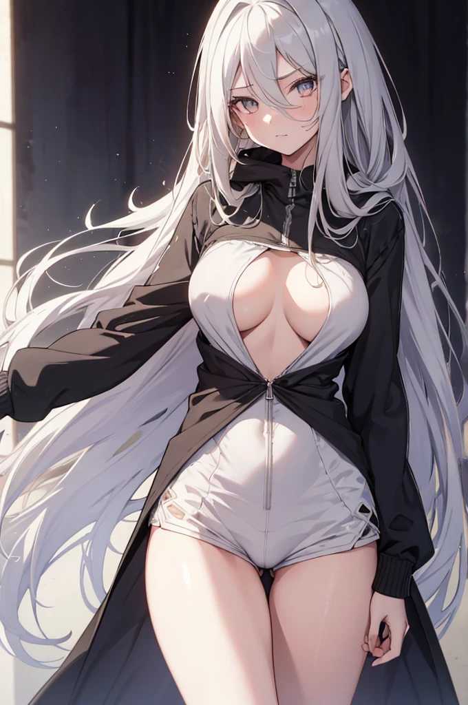 1girl, {Solitary}, Upper Body ,{{ {Watching at viewer}}}, Arms at your sides, Concept Art, white Background, simple Background, White hair, Silver gradient hair , Composite cloth, Asymmetrical clothes, Virtual YouTuber, best quality, masterpiece, Dynamic Angle, , cowboy_shooting, Watching_Back, grab, girl,Miss,woman, young,20 years old, Very long hair, Hair Flip, Silver Hair, Flowing hair, Ahog, giggle, Beautiful and delicate golden eyes, teeth, Large Breasts, Blonde eyes, White skin, hoodie, Black_shorts, Gray clothes, transparent_Background, Backlighting, absurd, high resolution, Extremely detailed,sweater,No pants